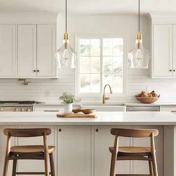 Auburn Pendant Lighting for Dining Room, Industrial Kitchen Lights, Hand-blown Glass Bell Shaped Pendant Light for Kitchen Island, Foyer, Bedroom, 9" Dia x 95.5" H, Gold/Clear