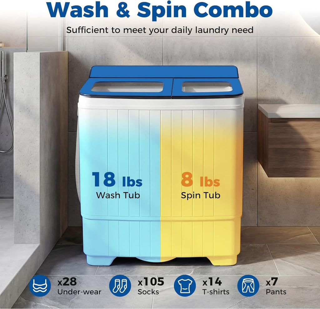 Portable Washing Machine, 26LBS Twin Tub Mini Compact Laundry Washer Spinner Combo with Drain Pump, 18Lbs Washer and 8Lbs Spinner for Apartments, RVs, Dorms, Blue+White
