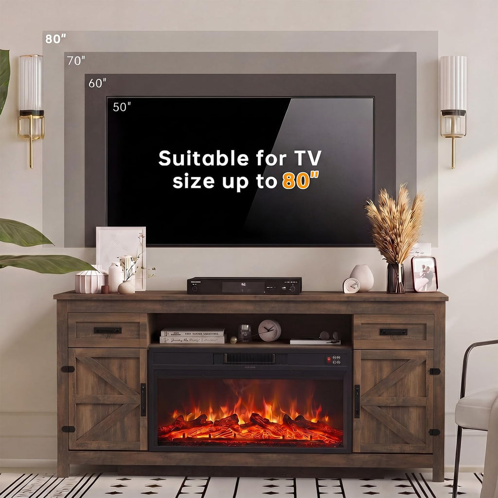 Fireplace TV Stand, 70" Farmhouse TV Stand with Barn Door for 80" TVs, Entertainment Center with Black Fireplace & Storage, Brown