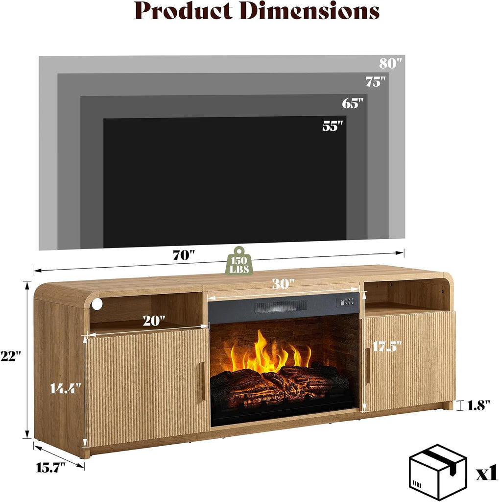 70" Fluted Fireplace TV Stand for TVs Up to 80", Modern TV Console with 30" Electric Fireplace & Storage Cabinets