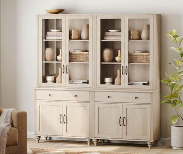 Set of 2 Light Oak Bookcase with Glass Doors & Drawers & Cabinets, 3 Tier Bookshelf, 72'' Tall Book Case Shelf, Large