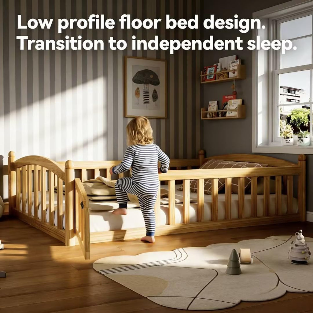 Twin Size Montessori Floor Bed with Door and Safety Guardrail, Solid Wood Low Profile Bed Frame with Slats, Easy