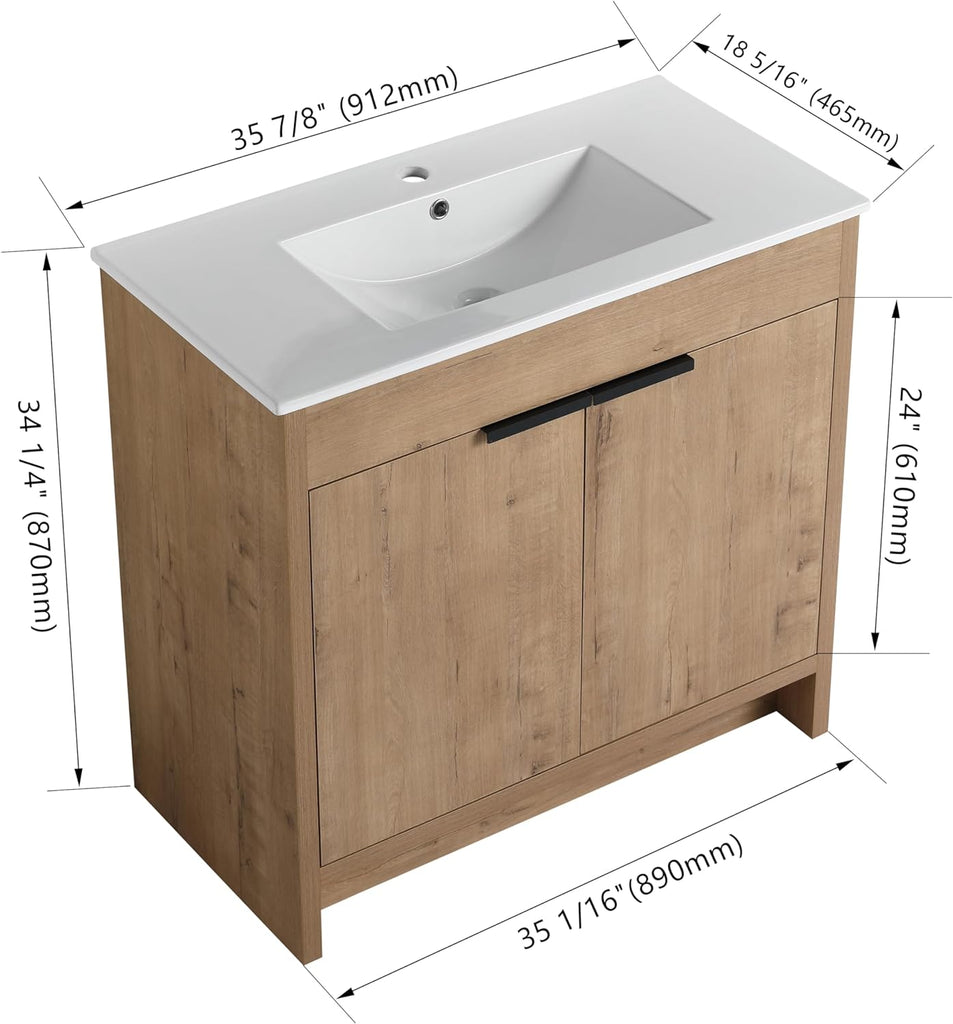 36-Inch Bathroom Vanity with Sink Mid-Century Bathroom Vanities with Top Basin Floor Wood Bathroom Sink Cabinet