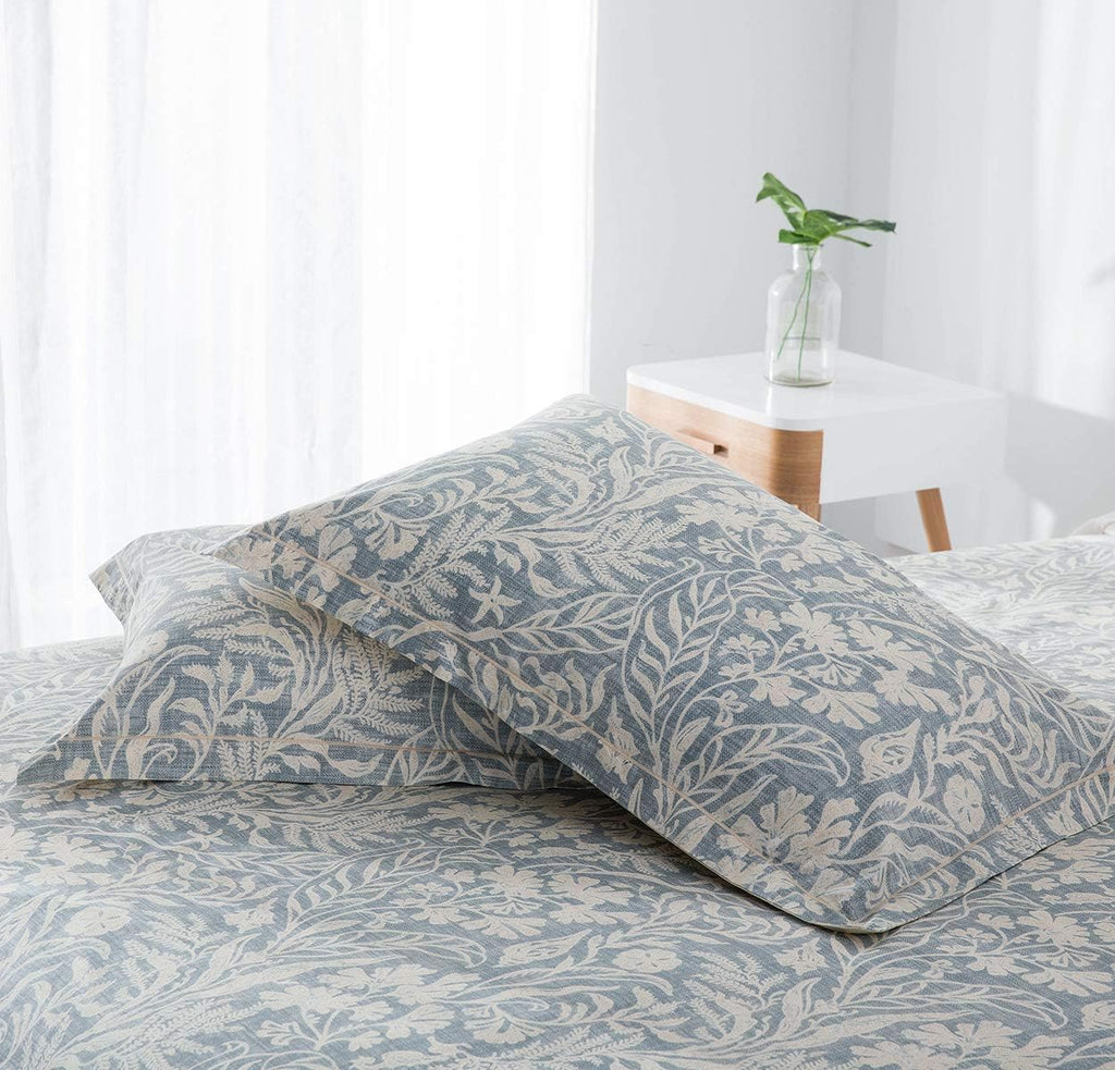 Duvet Cover Queen, 600 Thread Count Cotton Beige & Bluish Grey Printed with Luxurious Leaves Pattern Reversible - Set of 3