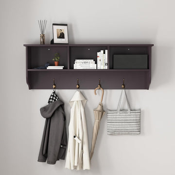 38" Coat Rack Wall Mount with Shelf, Wall Mounted Coat Rack with 3 Storage Cubbies and 4 Dual Hooks,Wooden Mudroom