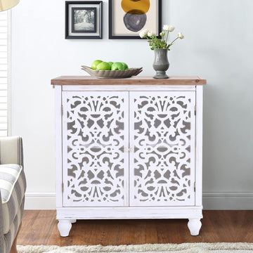 Accent Cabinet with Doors, White Carved Buffet Cabinet | White Accent Cabinet with doors, Small Carved Decorative