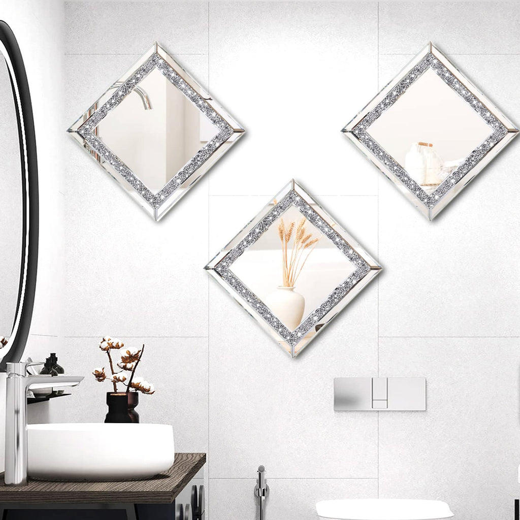 2PCS Crystal Rhinestone Diamond Wall Mirror.Brilliant Hand-Spliced Glass Mirror.Accent Decorative Mirror