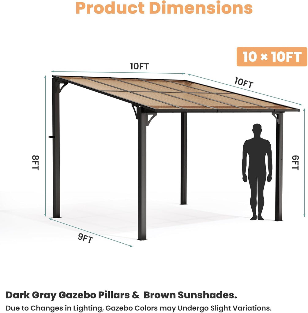 10x10FT Wall Mounted Gazebo, Hardtop Lean to Gazebo with Aluminum Frame & UV Resistant Polycarbonate Roof