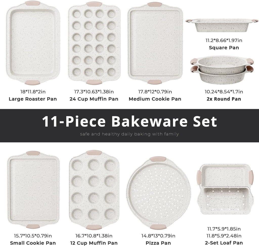 11-Piece Pans Set Nonstick, Stackable Bakeware Set, White&Khaki | Toxin-Free Pans Set with Silicone Handles, Includes