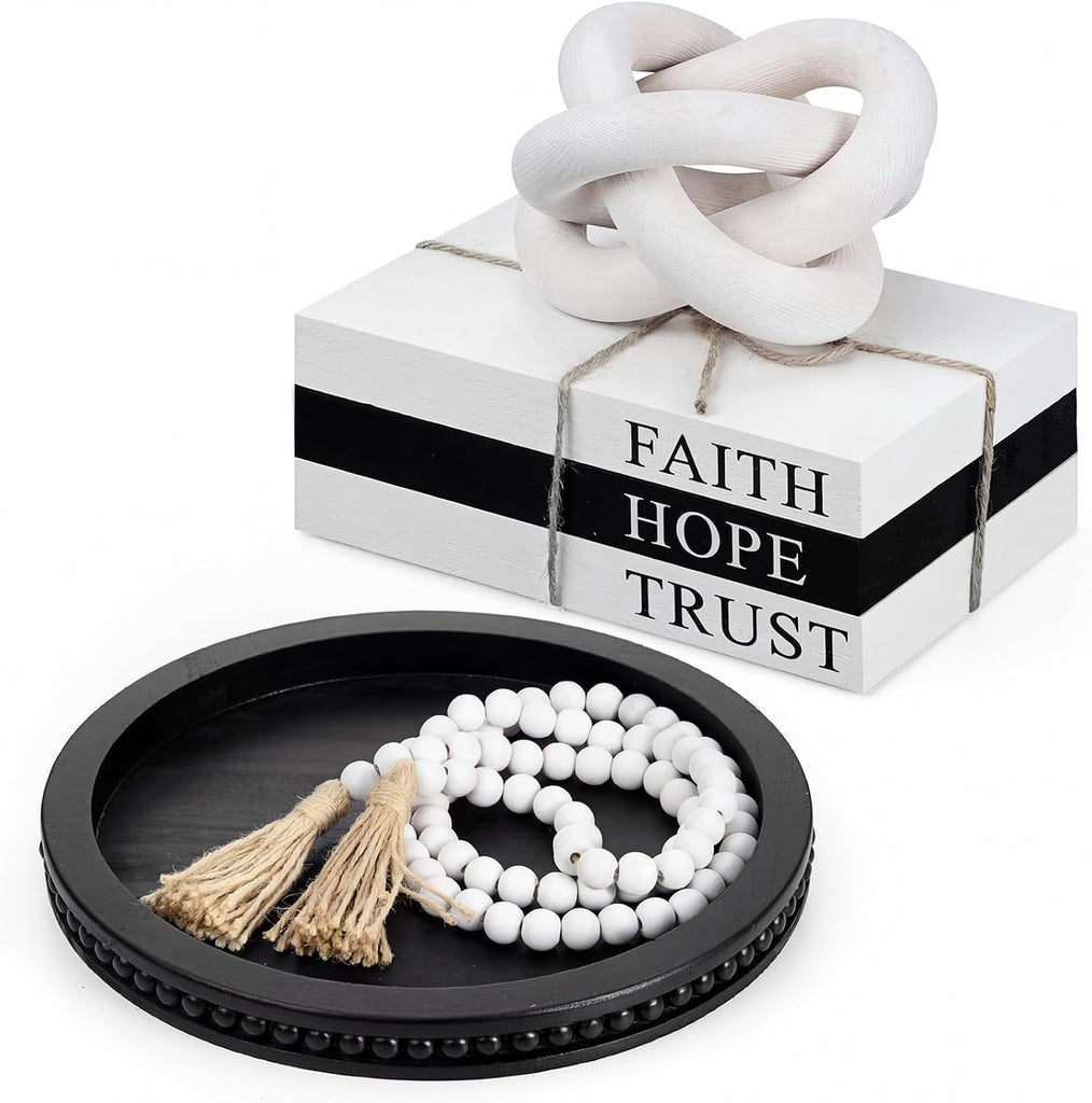 6 Pcs Rustic Wooden Coffee Table Tray Decoration Set, Round Beaded Tray Wood Chain Bead Garland with Tassels and 3