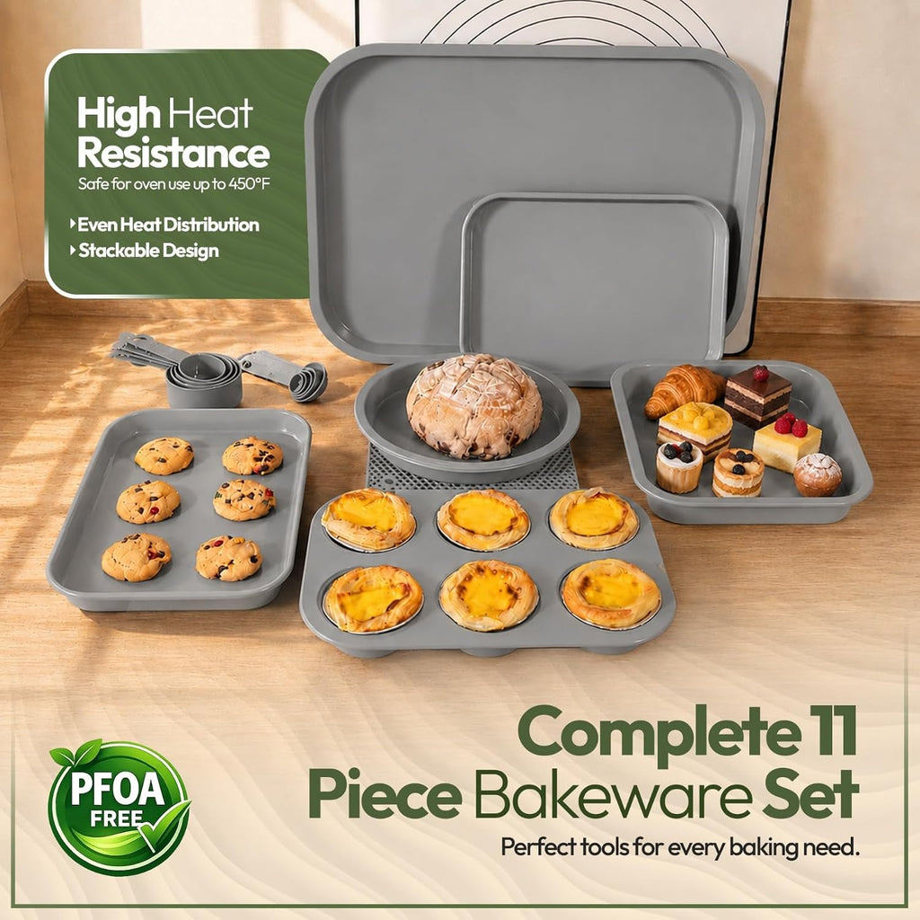 Non-Toxic 11-Piece All-in-One Nesting Bakeware Set - Space-Saving Stackable Nonstick Carbon Steel Pans Set