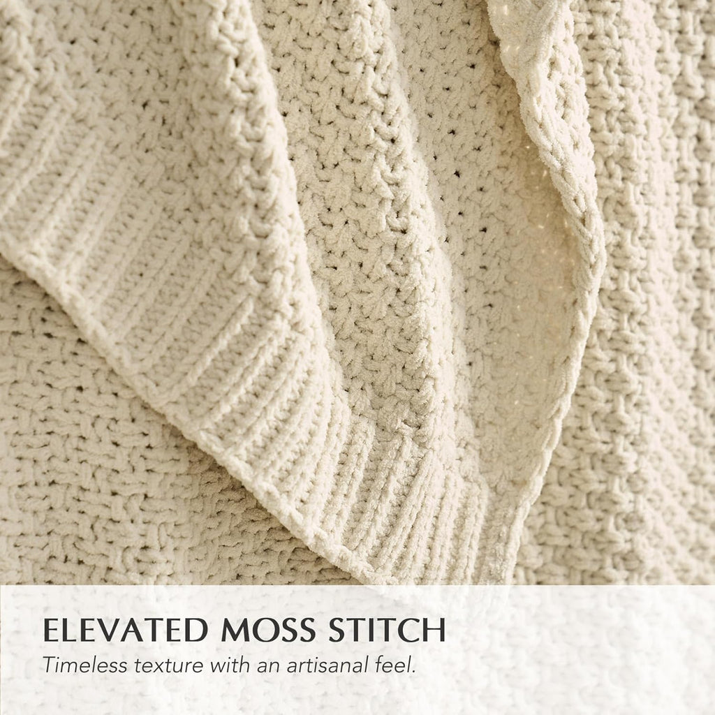 Chunky Chenille Knit Throw Blanket, Soft Luxurious Moss Stitch Blankets, Cozy Decorative Farmhouse Knitted Throws