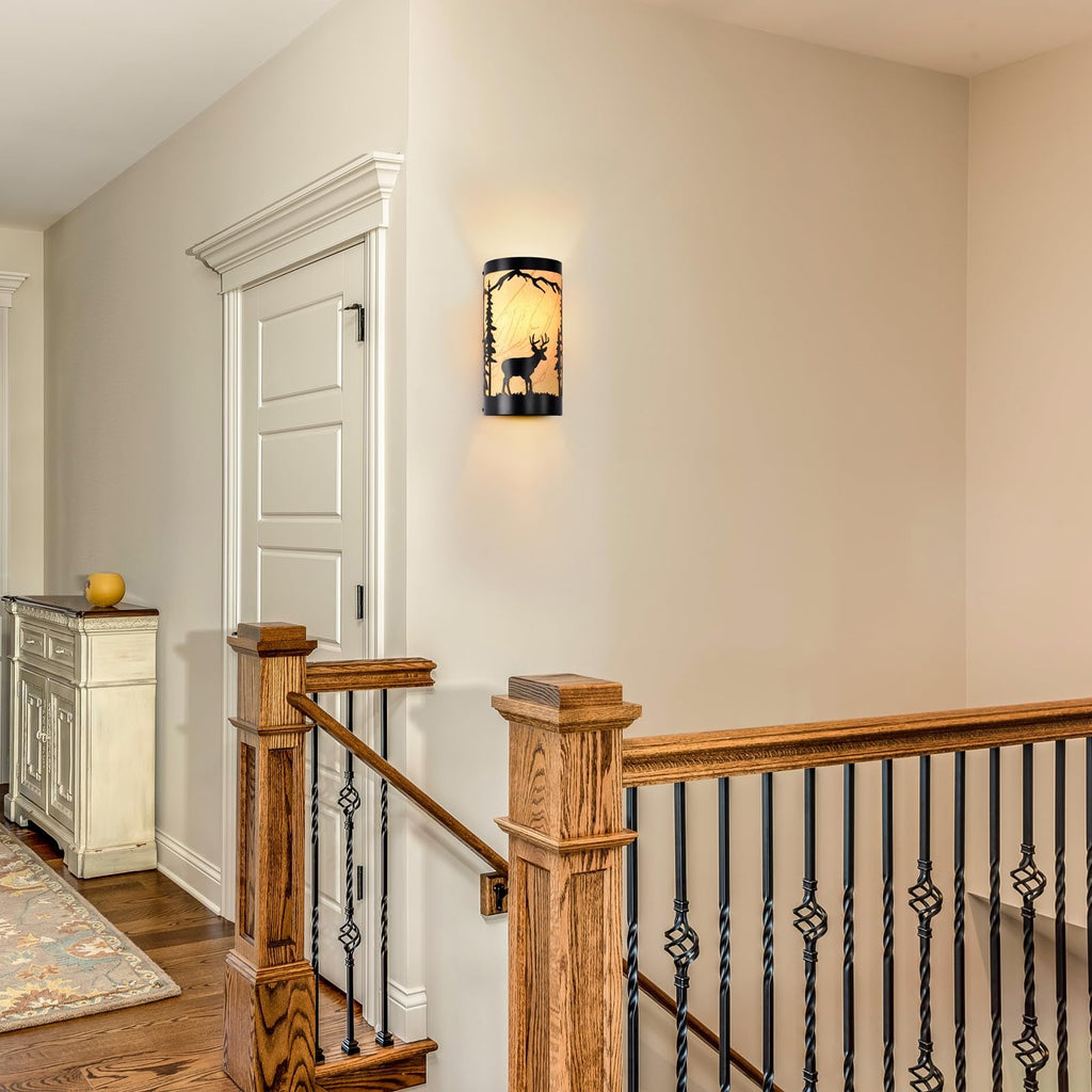 Wall Sconces Set of Two, Deer Metal Yellow Parchment Rustic Wall Sconces, Farmhouse Matte Black Wall Mount Lamp, Bedroom