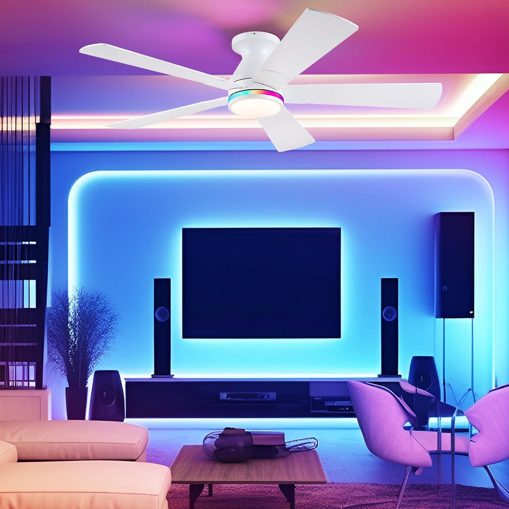 52" Flush Mount RGB Ceiling Fans with Lights - White Low Profile Ceiling Fan Light with Remote/APP, RGB+3CCT 6 Wind Speeds and Reversible, Modern Fan Light Fixture for Party, Kiad's Room