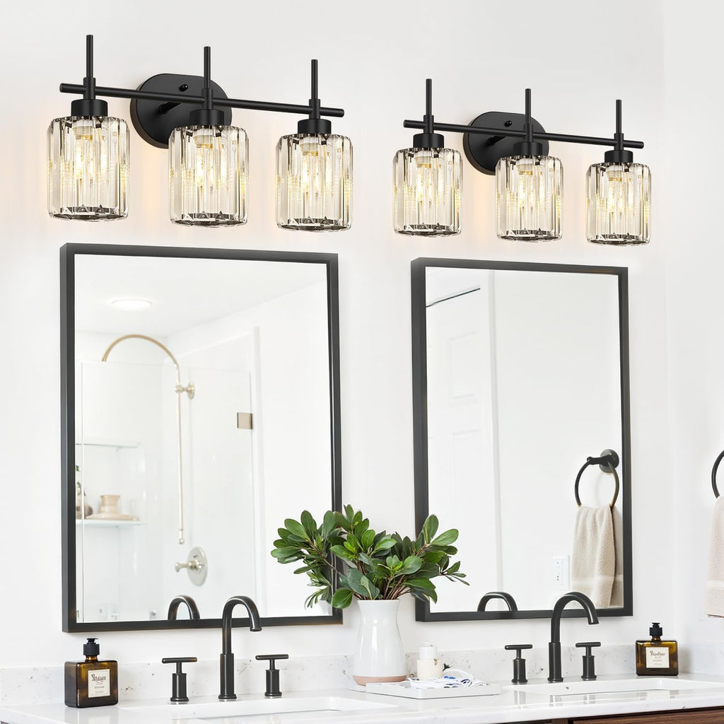 Matte Black Vanity Light, 3-Light Crystal Modern Bathroom Lighting Fixtures Over Mirror, Black Bathroom Vanity Light