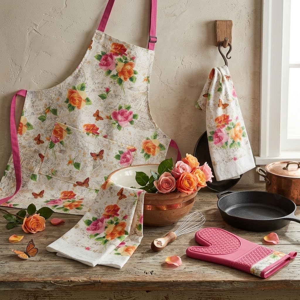 4-Piece Kitchen Linen Set, Apron, Oven Mitt & Towel Gift | Complete 4-piece cotton kitchen linen set designed for