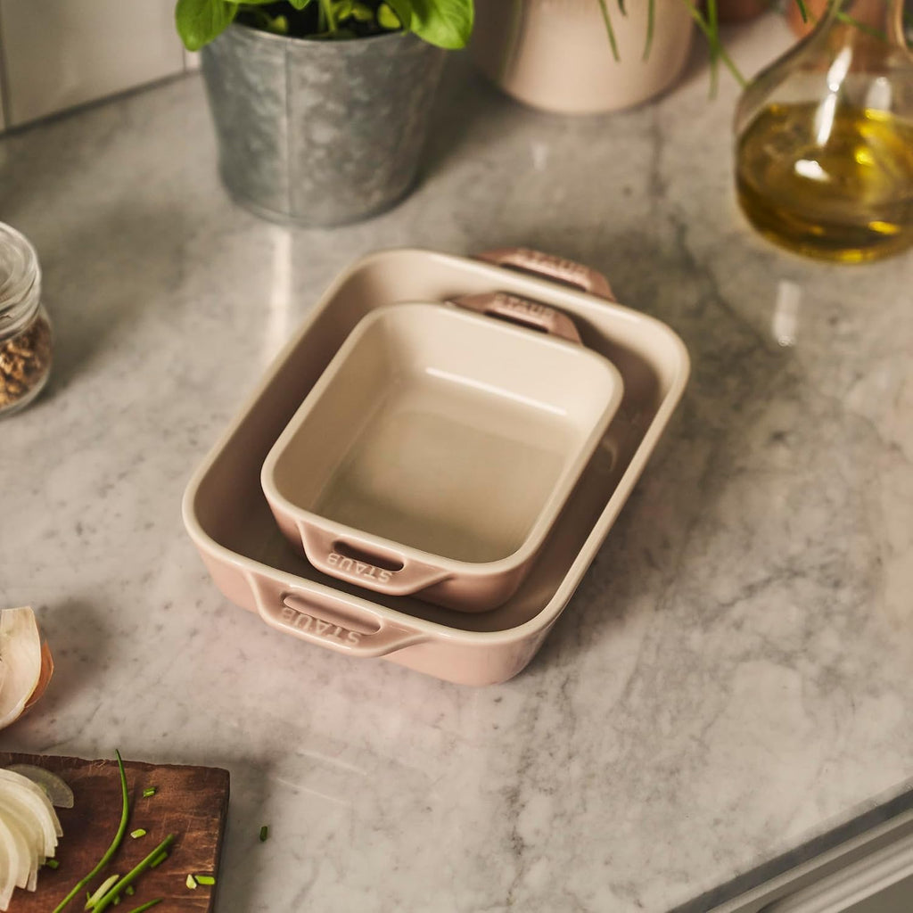 Ceramic 2-pc Rectangular Dish Set - Macaron Pastel Pink