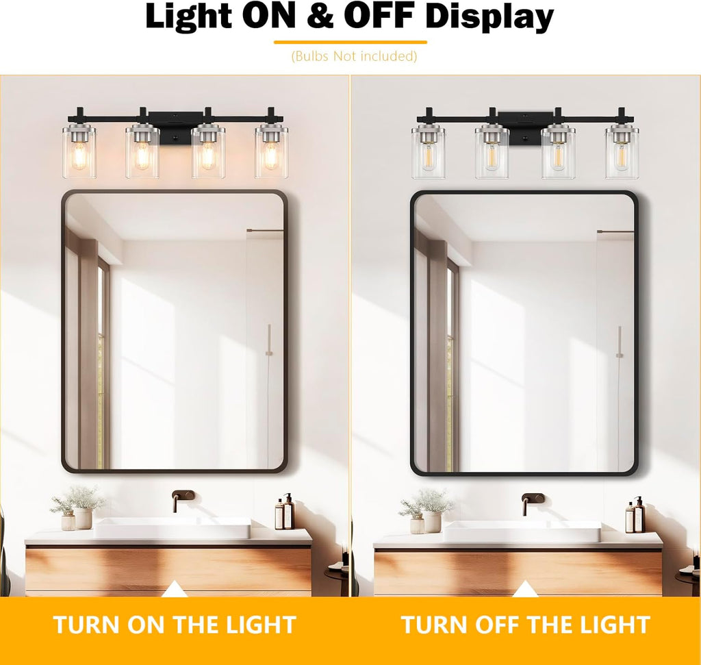 4-Lights Black and Brushed Nickel Vanity Lights with Clear Glass Shade, Bathroom Wall Light Fixtures, 30.3 Inch Large