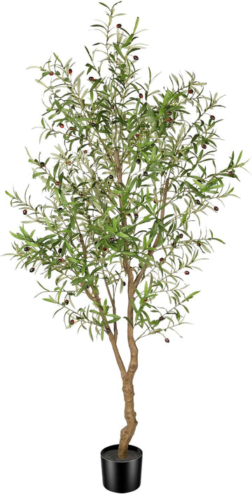7ft Faux Olive Tree - Fake Potted Olive Silk Tree with Planter Natural Olive Branches and Realistic Leaves Artificial