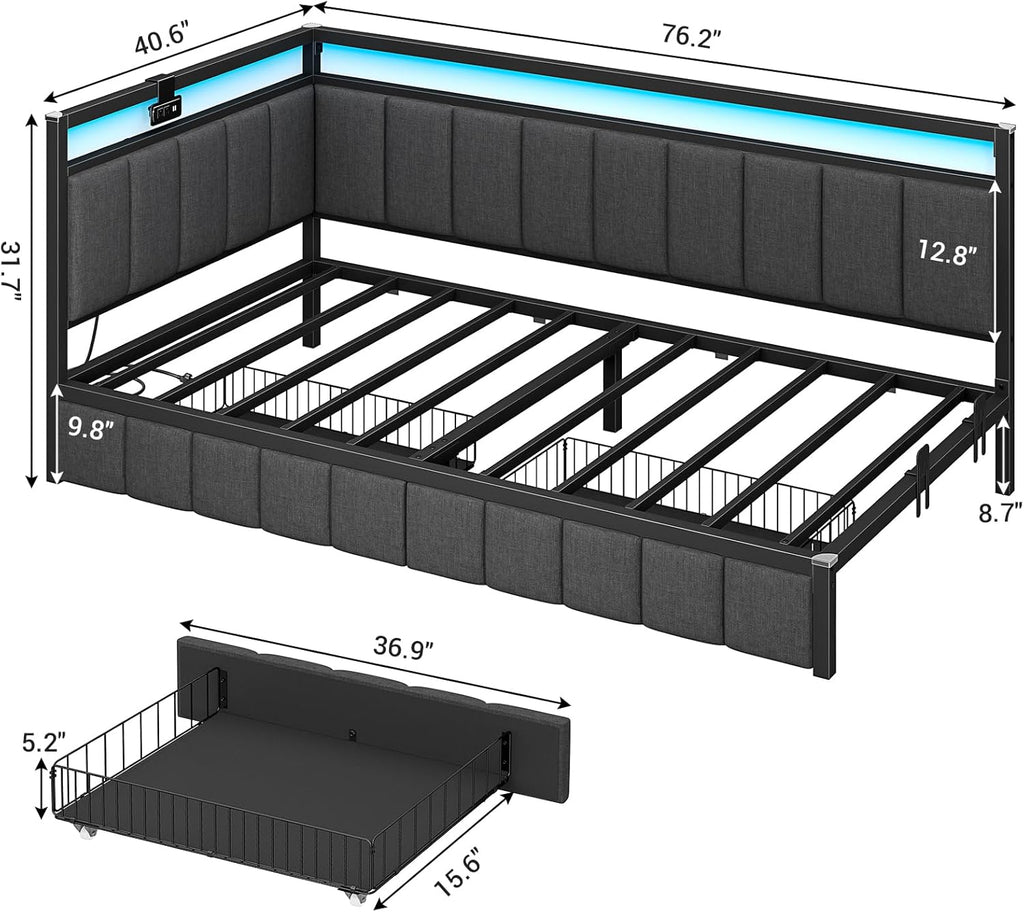 Corner Bed Frame with Storage Drawers, Twin Daybed with Line Fabric Upholstered Fence, Kids Bed Unit with LED Light