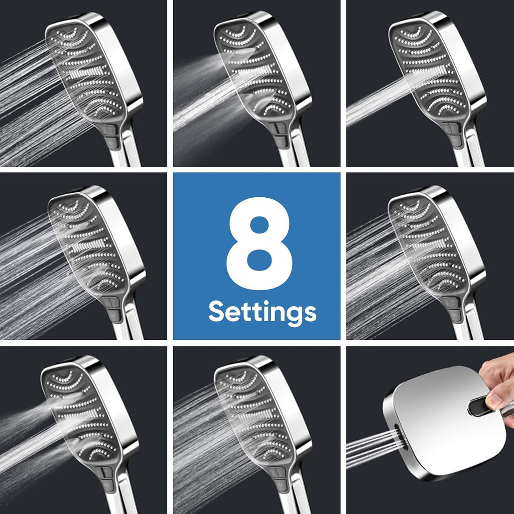 High Pressure Shower Head with Handheld,8 Modes,Heat-Resistant Premium ABS Material,Anti-clog Nozzles,Built-in Power