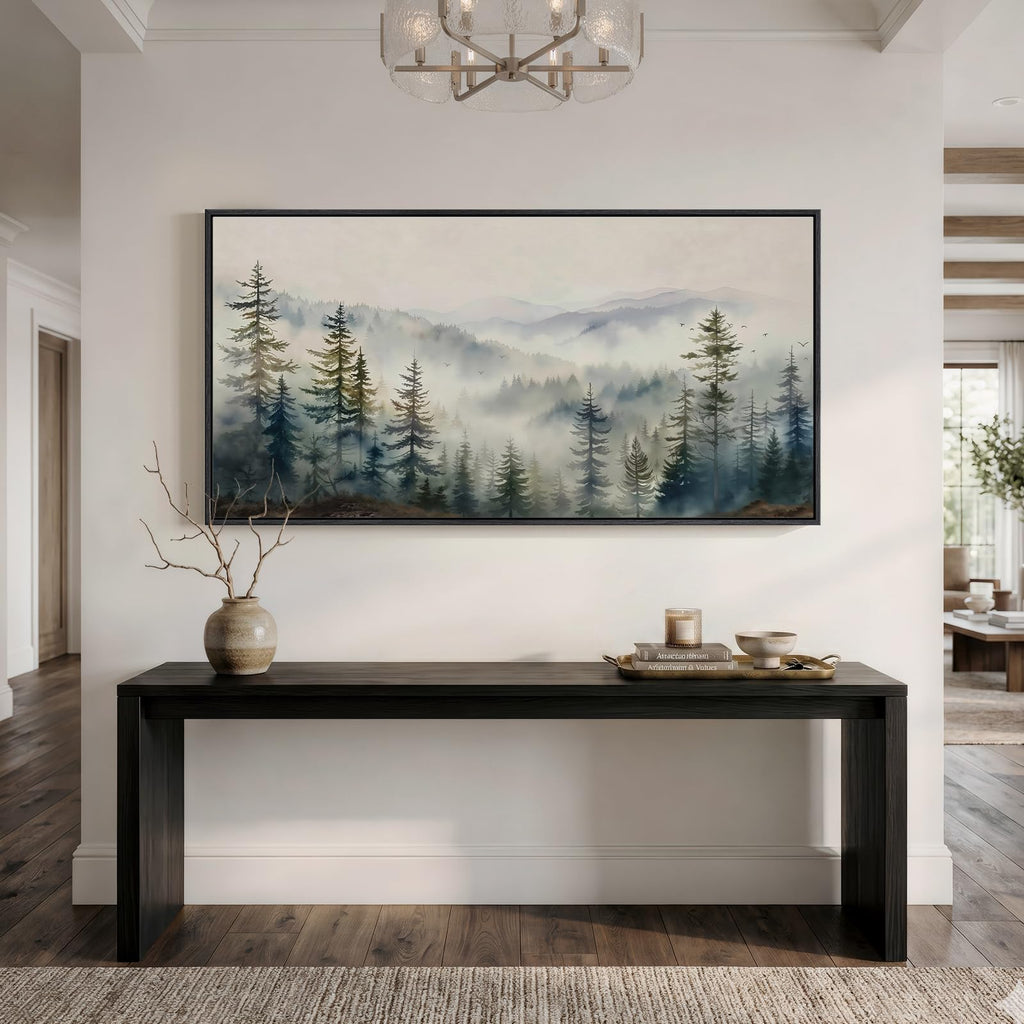 Framed Misty Forest Mountain Landscape Wall Art, 60x30 Inch
