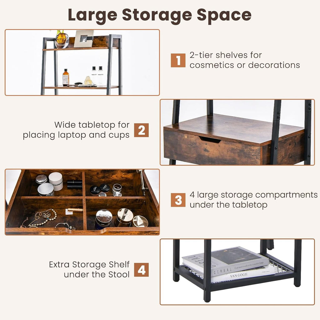 Vanity Desk Set with Flip-up Mirror, Ladder Vanity Table and Cushioned Stool Set w/ 4 Storage Compartments, Small