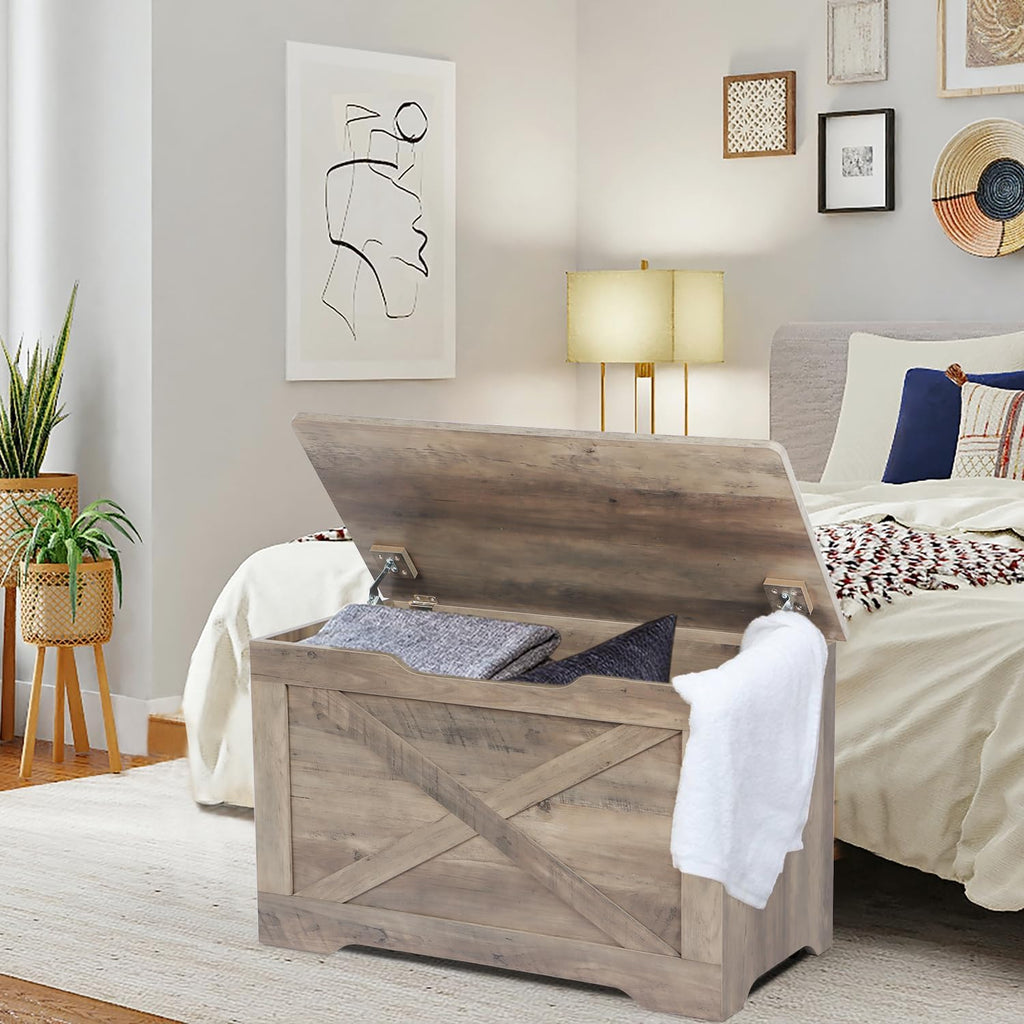 31.5" Storage Chest, Wooden Storage Bench, Entryway Shoes Bench | Storage Trunk with 2 Safety Hinges, 15.7 x 31.5 x