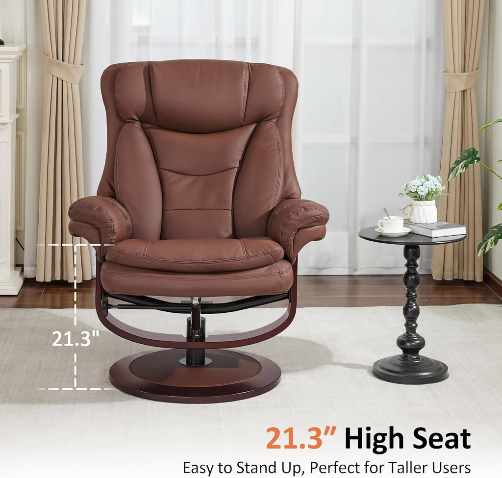 Modern Reclining Swivel Lounge Chair and Ottoman — Brown Faux Leather