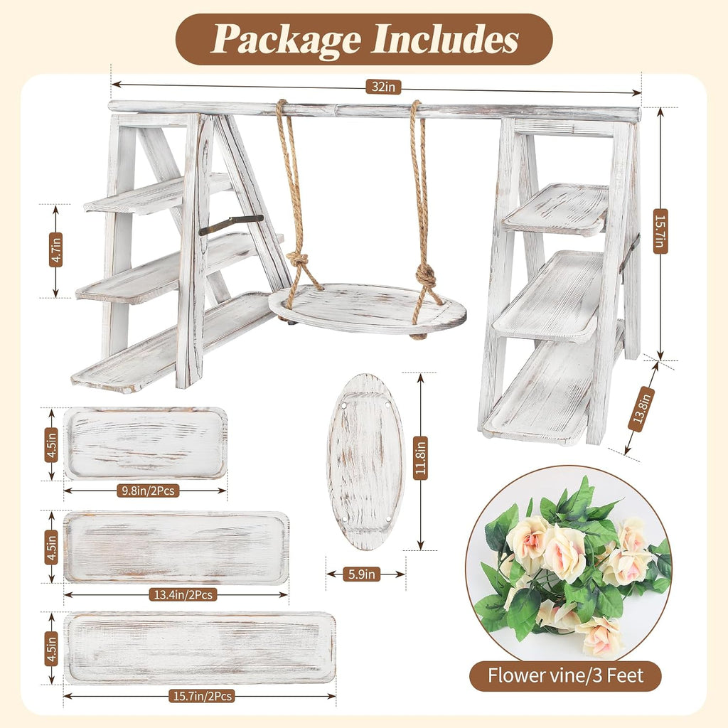 Wooden 3 Tier Cupcake Stand with Swing and Flower Decoration Serving Removable Tray Display Serving Ladder Foldable