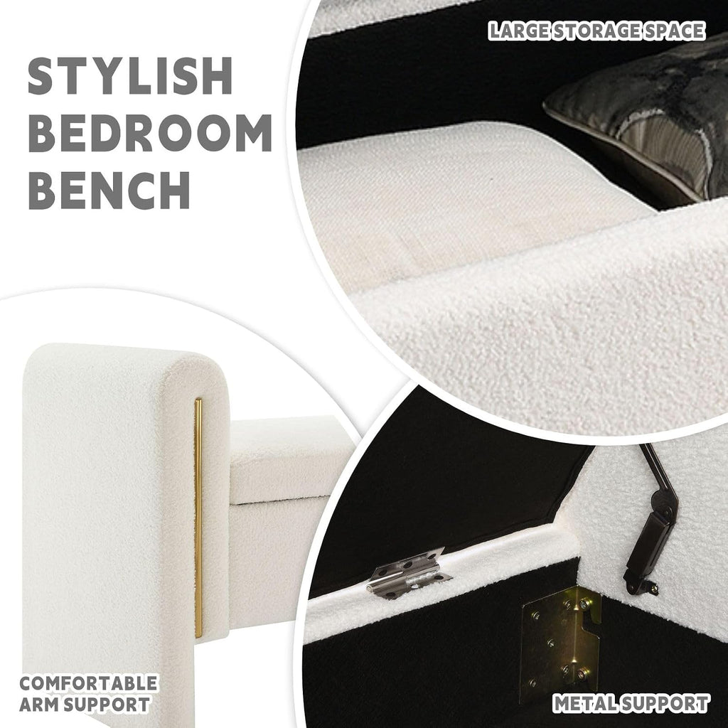 Modern 52" Storage Ottoman Bench, Upholstered End of Bed Storage Bench with Armrests, Entryway Bench, Teddy Foot Rest