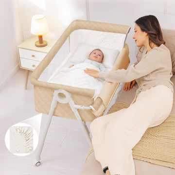 Bassinet Bedside Sleeper, Baby Bassinet with Crib Sheet and Wheels | 4 Adjustable Height Bedside Crib with Comfy
