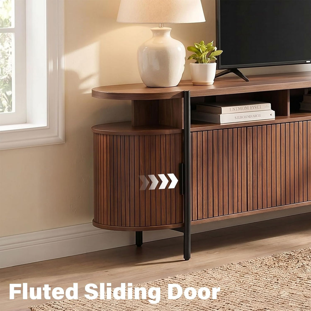 69" Mid Century Modern TV Stand, Curved Entertainment Center with LED Light & Power Outlet, Fluted Wood TV Stand for TVs up to 80'',Media TV Console Table with Sliding Doors for Living Room, Walnut