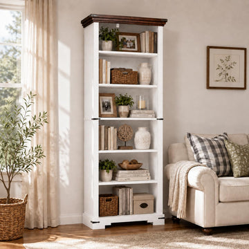 6-Tier Farmhouse Bookshelf, 73 inch Tall Bookcase with 2 Adjustable Shelves, Wooden Bookshelf for Study Room, Living