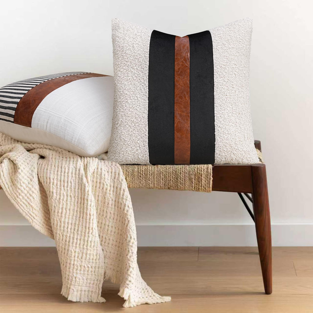 Texture Boucle Pillow Covers 18x18, Faux Leather Patchwork