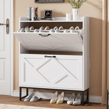 Shoe Storage Cabinet with 2 Flip Drawers, Freestanding Shoe Organizer, Shoe Cabinet with Metal Legs, Narrow Shoe Rack