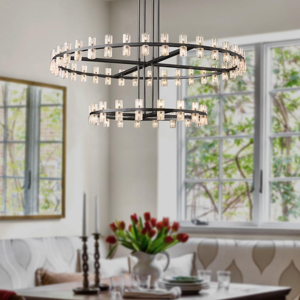 Inspired Arcachon Style 2-Tier Round Wagon Wheel Chandelier, 32" + 40" 72-Light Black — Foyer, Great Room & Dining