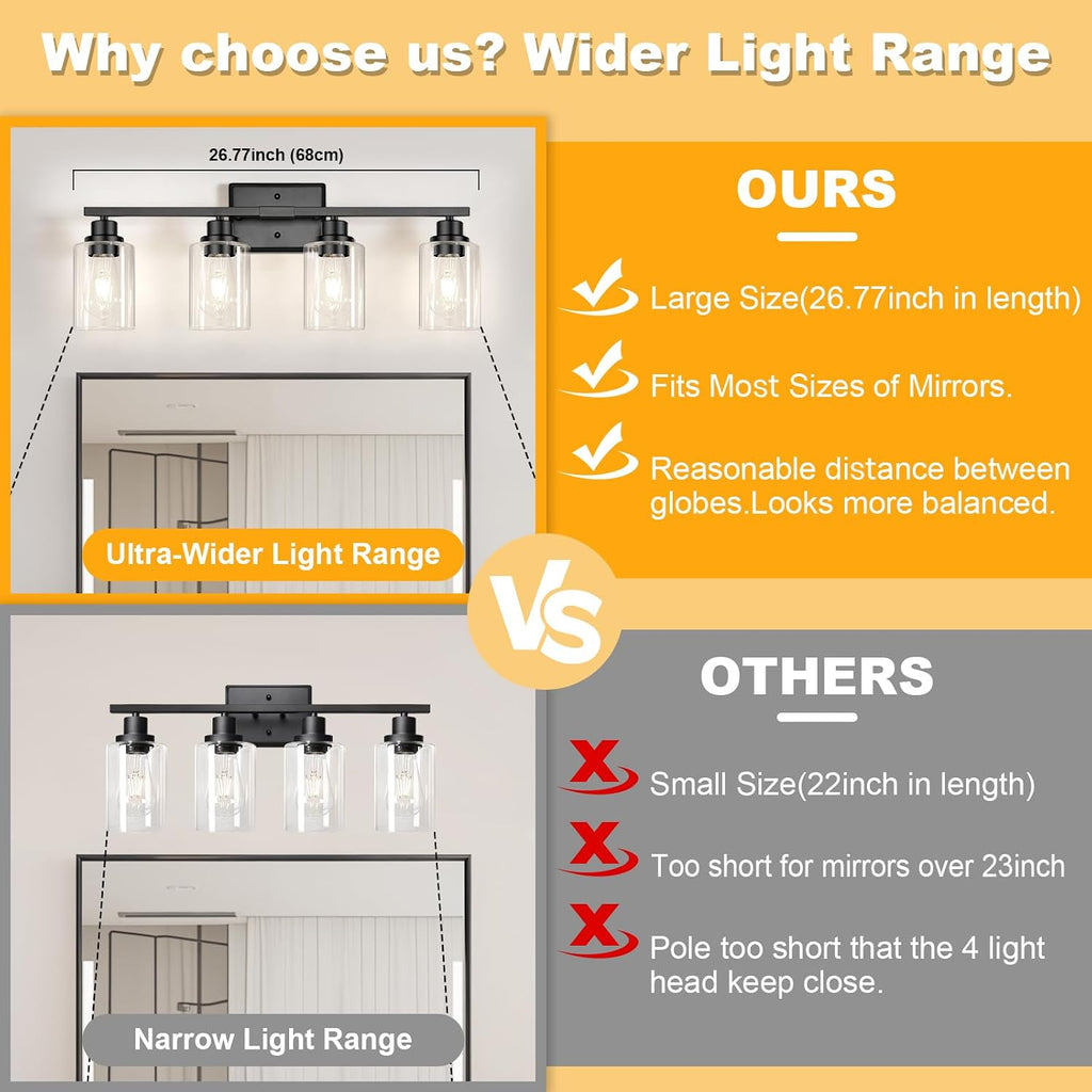 Modern Black Bathroom Light Fixtures, 4-Light Vanity Lights Over Mirror with E26 LED Bulbs Included, Wall Sconce with
