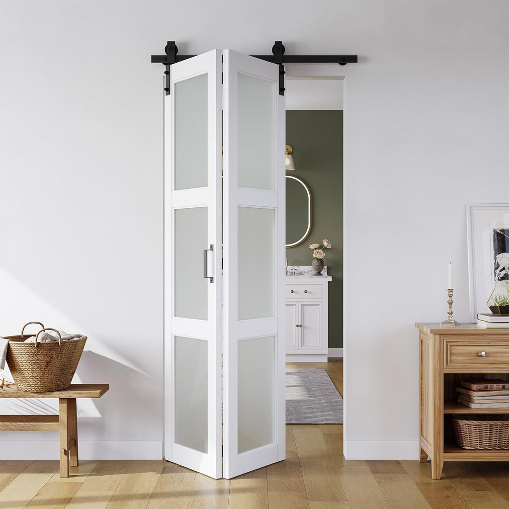 36in x 84in Bifold Barn Door, Frosted Glass Barn Door with Hardware Kit Included, Pre-Drilled Holes 
