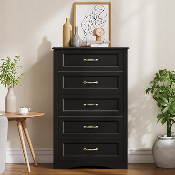 5 Drawer Dresser, Black Wood Chest of Drawers , 43.3" Large Capacity Storage Cabinet with Anti-Tip Device, for