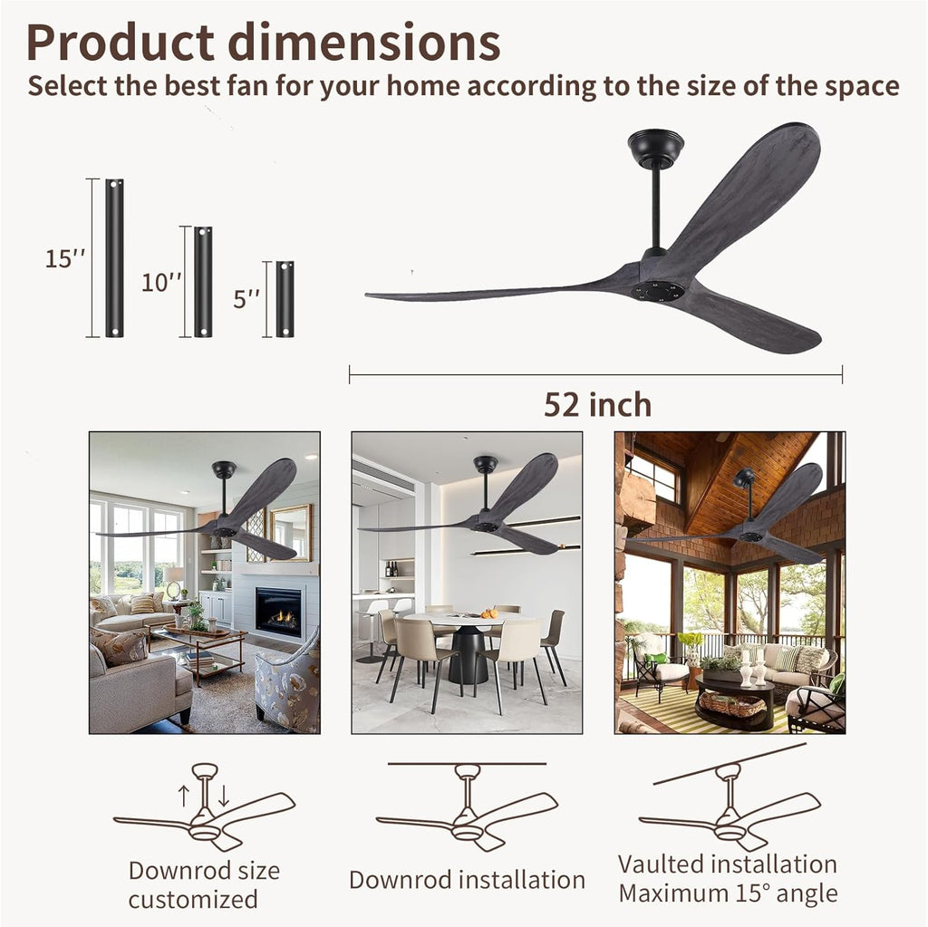 Inspired Maverick Style Brushed Grey 52 Inch Wood Ceiling Fan with Solid Wood Blades, Indoor/Outdoor 3-Blade Ceiling Fan with Remote Control, 6-Speed Quiet Reversible DC Motor,No Light Wooden Ceiling Fans for Bedroom,Patio