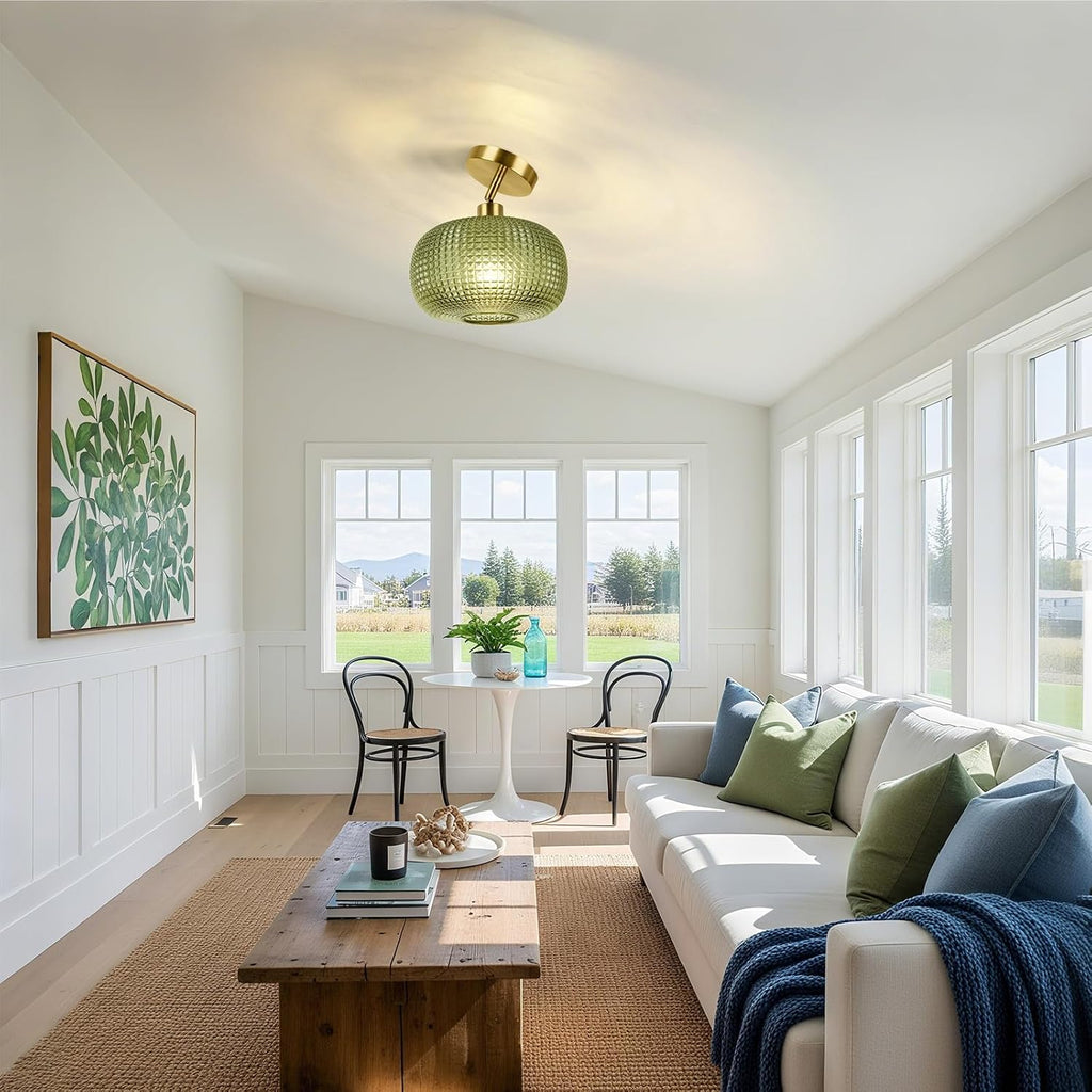 Semi Flush Mount Ceiling Light, Adjustable Hanging Gold Sloped Ceiling Lights with Green Glass Shade Vintage Hallway