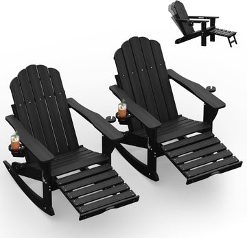 Folding Adirondack Rocking Chairs Set of 2 with Retractable Ottoman, 4-in-1 Outdoor Adjustable Adirondack Chair with