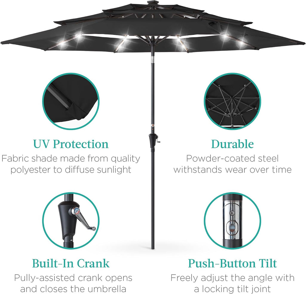 10ft 3-Tier Solar Patio Umbrella, Outdoor Market Sun Shade w/ 24 LED Lights, Tilt Adjustment, Easy Crank, 8 Ribs - Black