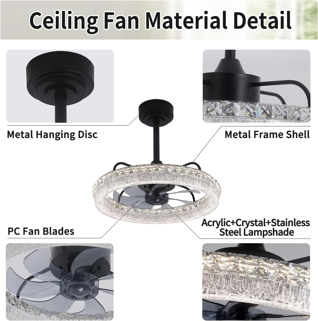 20" Ceiling Fans with Lights and Remote, Modern Crystal Chandelier Quiet Ceiling Fans