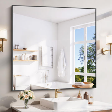 Bathroom Mirror 45"x45", Black Bathroom Mirrors for Over Sink with Aluminum Frame, Square Vanity Mirror with Right