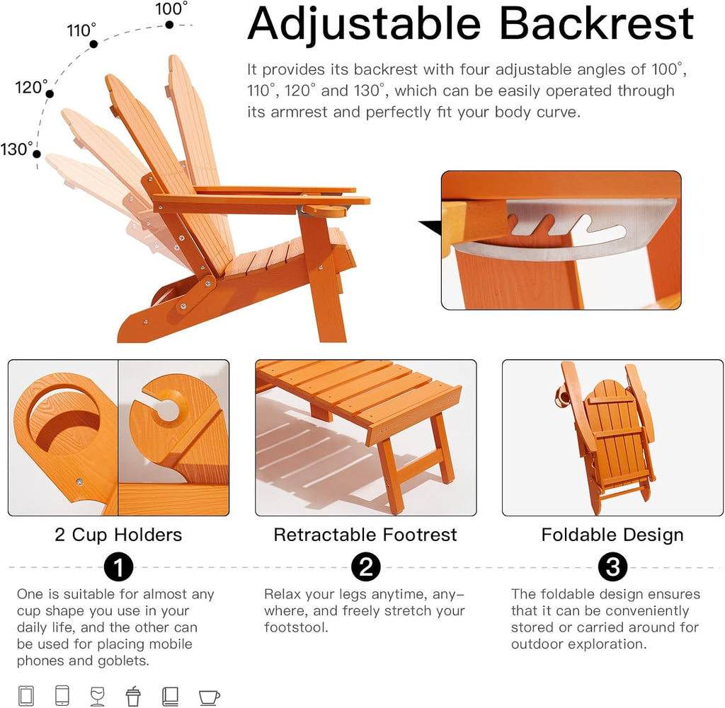 Ergonomic Adjustable Adirondack Chair with Ottoman Set of 2,Folding Adirondack Chair with 2 Cup Holder