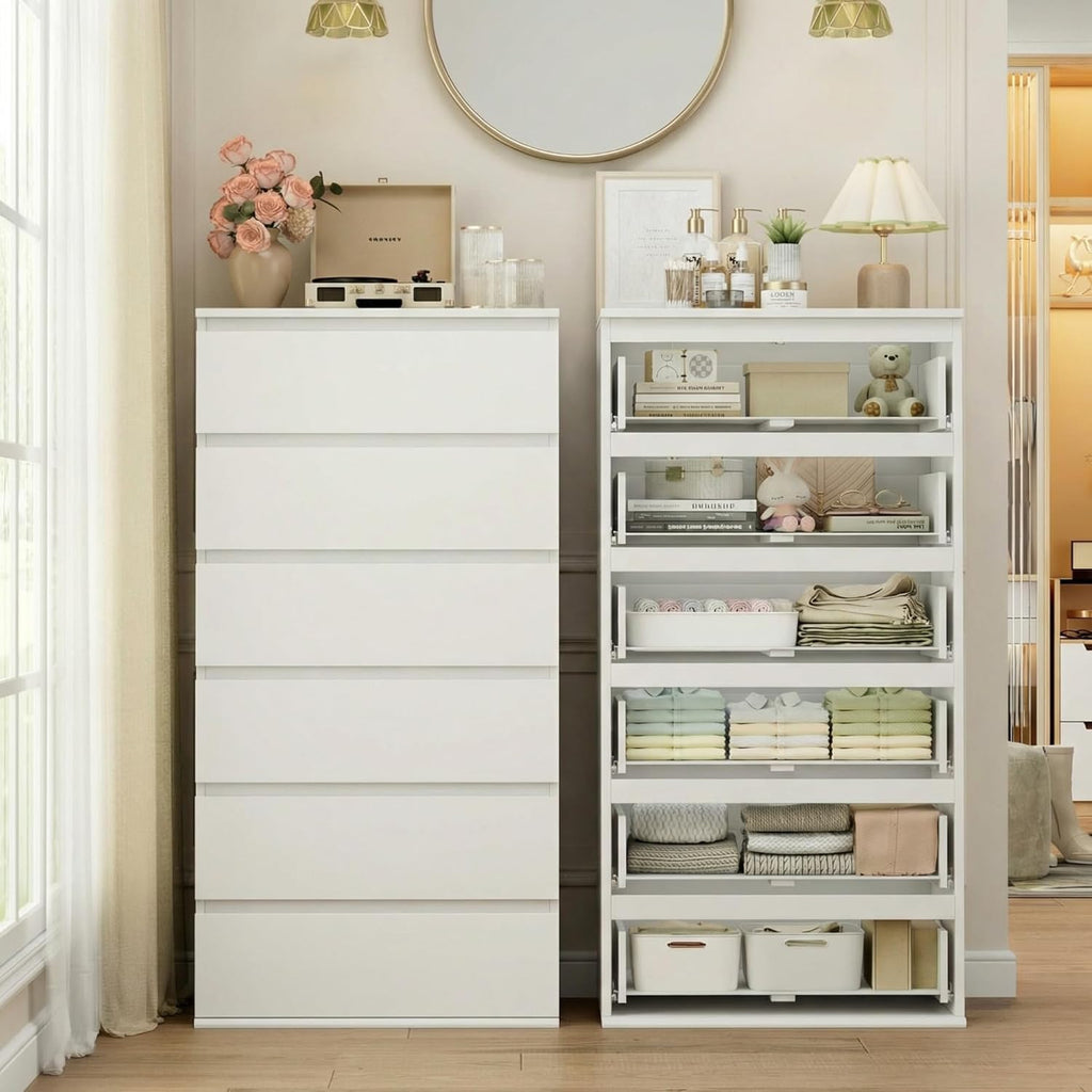 White Dresser, 6 Drawer Dresser, Modern Tall Floor Storage Cabinet with Metal Sliding Rail, Wooden Handleless Drawer