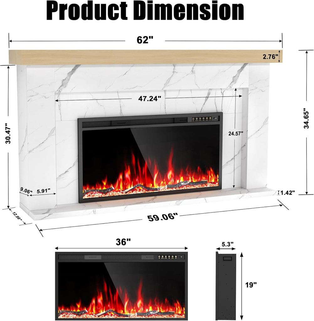 62 Inch Electric Fireplace with Mantel, Replaceable 36" Fireplace Insert Heater, 3D Realistic Log and Flame Effect