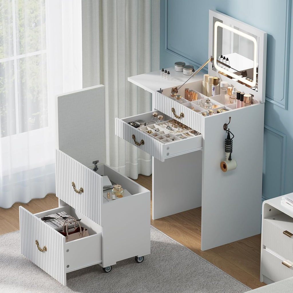 3-in-1 Vanity with Flip Mirror & Lights, Fluted Compact Vanity Table with 3 Drawers, Storage Compartment and Rolling